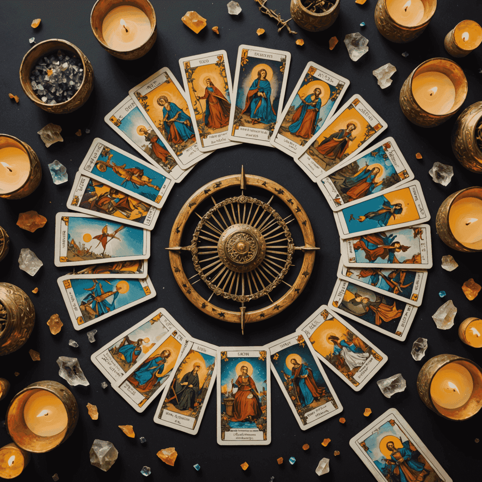 Bir masa üzerinde yelpaze şeklinde açılmış tarot kartları. Kartların etrafında kristaller ve tütsüler var, mistik bir atmosfer yaratıyor.